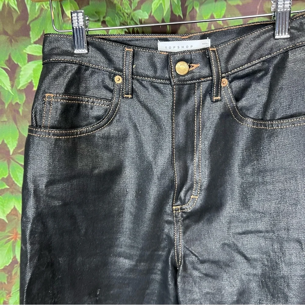 TOPSHOP Modern Architectural Black Waxed Denim Wide Leg Jeans, 4 - Picture 4 of 16